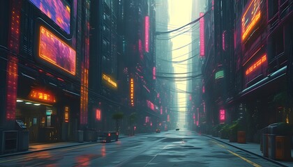 Wall Mural - Vibrant cyberpunk cityscape filled with futuristic objects, a bustling urban environment alive with AI creativity and energy.