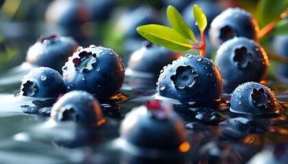 Wall Mural - Vibrant closeup of blueberries splashing in clear water, highlighting their organic freshness and natural allure for health and nutrition themes