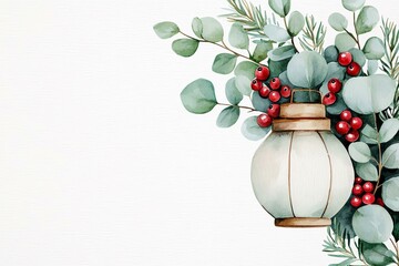 A charming illustration featuring a vintage lantern surrounded by lush greenery and vibrant red berries on a white isolated background, perfect for seasonal decor.