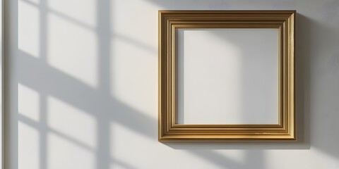 Wall Mural - An elegant gold picture frame on a white wall highlights minimalist design. The centered, studio-lit shot emphasizes a clean, modern aesthetic with soft shadows and subtle textures.