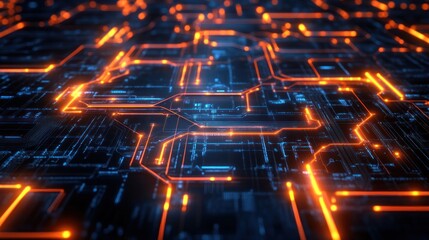 Technology concept with abstract digital circuits and glowing connections, showcasing innovation in the tech world.