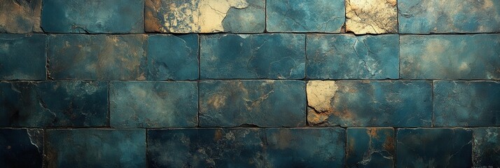 Aufkleber - A Textured Wall of Aged Blue and Gold Tiles with Visible Cracks and Imperfections