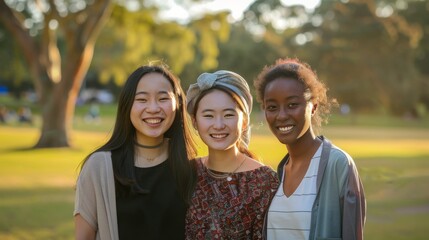 Friendly young women of various ethnic backgrounds, standing closely together and smiling