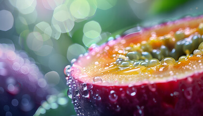 Wall Mural - Fresh maracuja passionfruit with dewdrops, showcasing vibrant colors and juicy seeds in a tropical setting