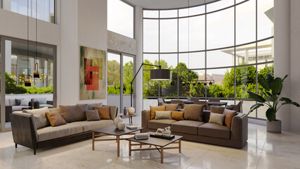 Poster - Large luxury modern bright interiors Living room mockup illustration 3D rendering image