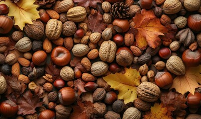 Wall Mural - Autumn Leaves and Assorted Nuts Background