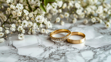 Gold wedding rings with delicate flowers on a marble surface