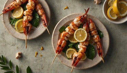 grilled shrimp skewers with lemon and basil displayed on a plate