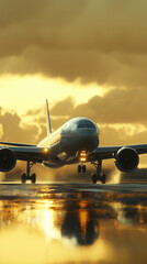 Airplane on a runway taking off or landing against a sunset sky. Dramatic clouds and warm golden lighting.