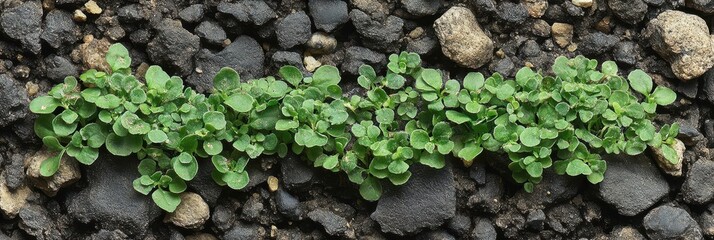 Aufkleber - A vibrant row of green foliage emerges from a bed of dark gray stones, showcasing the resilience of nature amidst harsh conditions.