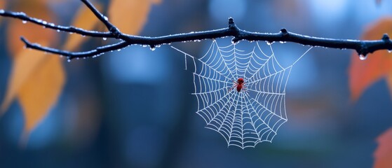 Red spider sitting on a dew-covered web against a blurred autumn background, showcasing nature's intricate beauty.