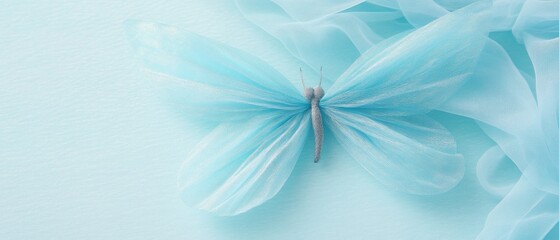 Delicate fabric butterfly with soft blue wings on a light blue background, evoking a serene and peaceful mood.