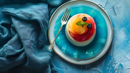 Sticker - Top view of colorful coconut milk jelly on a plate on a blue cloth