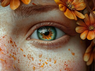 Canvas Print - Close Up of a Green Eye with Orange Flowers Reflection