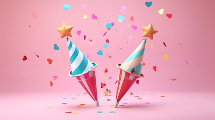 Two colorful party poppers with confetti flying out one with a star and the other with a heart isolated on pink creative cartoon design icon