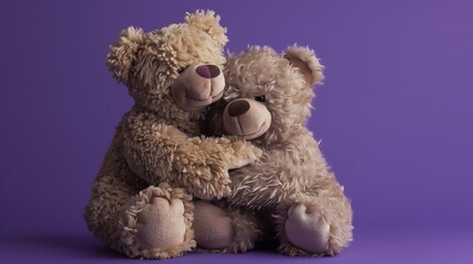 Two teddy bears in a tender relationship on purple background