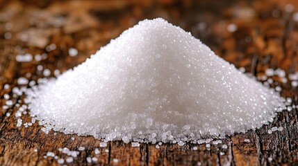 A mound of granulated white sugar on a weathered wooden surface, showcasing the crystalline texture and subtle light reflections.