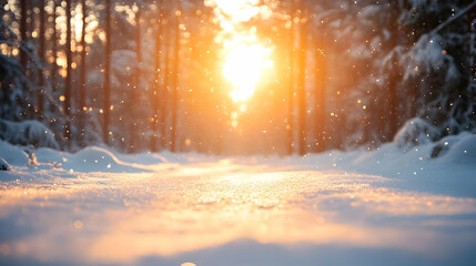 Canvas Print - Winter Wonderland: Snow-Covered Forest Path at Sunset