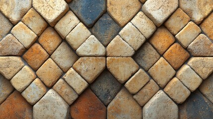 Aufkleber - A symmetrical arrangement of stone tiles with various tones of brown, orange, and gray, creating a captivating textural pattern.