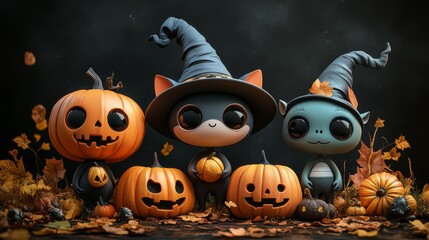 Cute Halloween Characters with Pumpkins and Spooky Autumn Decorations