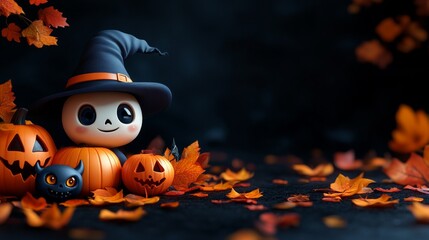 Cute Halloween Characters with Pumpkins and Spooky Autumn Decorations