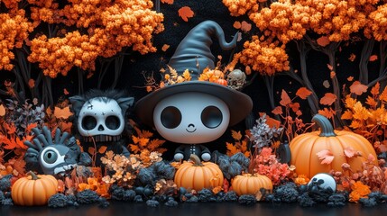 Cute Halloween Characters with Pumpkins and Spooky Autumn Decorations