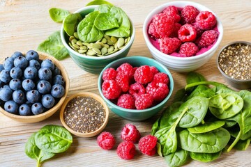 Flat lay of superfood-rich smoothie ingredients, including berries, spinach, and seeds, organized in a balanced composition on a wooden surface