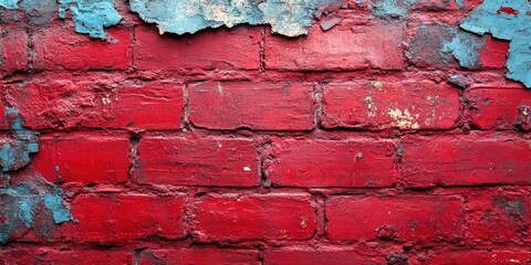 Aufkleber - A weathered brick wall with peeling red and blue paint, revealing the underlying brick structure