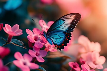 Pink and blue color of beautiful butterfly, sitting on pink flower.generative ai