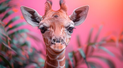 Cute Giraffe with Colorful Background and Plants