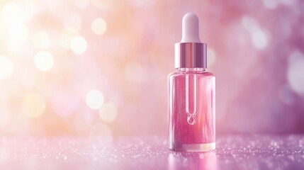 Wall Mural - Frosted pink serum bottle with a white dropper, placed against a soft, blurred background. No people. No logo.