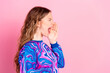 © deagreez - Profile photo of pretty young woman scream empty space wear pullover isolated on pink color background