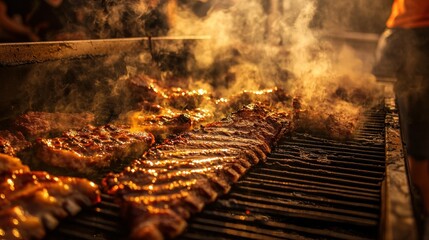 Ribs grilling over hot coals, producing a smoky flavor