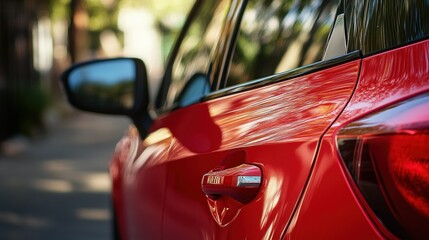 A close-up shot of a red car with the shiny paint and chrome door handle.