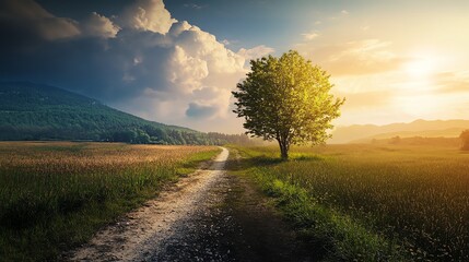 Wall Mural - A single tree stands in a grassy field at sunset, a dirt road leading to the horizon.