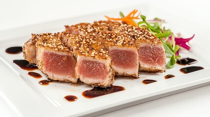 Sticker - Seared tuna steak with sesame seeds and a balsamic glaze.