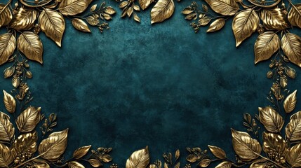 Fototapete - A luxurious teal and gold background with a border of ornate golden leaves and branches.