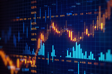 Wall Mural - Financial Trading Chart with Candlestick and Bar Graphs. 3D Rendering