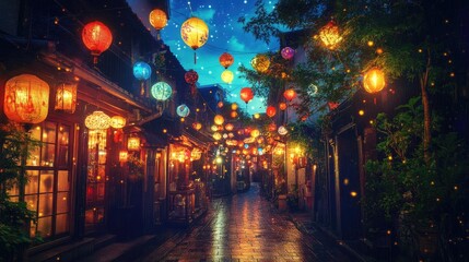 A breathtaking view of a beautifully lit street adorned with colorful lanterns, reflecting vibrant nightlife and creating a magical atmosphere under a starry sky.