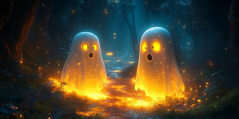 Silly ghosts floating over a glowing spooky forest