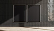 © Who is Danny - Two vertical empty poster frames on a black tiled wall with wooden floor. 3D Rendering