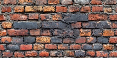 Aufkleber - A weathered brick wall with a mix of red, orange, and grey bricks, showcasing the passage of time and the beauty of natural decay