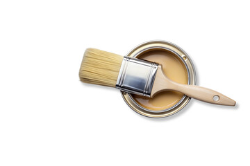 top view lay flat paint brush laying on paint can with copy space and transparency background PNG