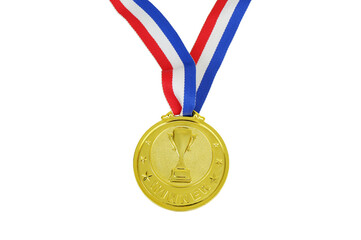 Gold medal with champion cup, stars and word WINNER isolated on white background.