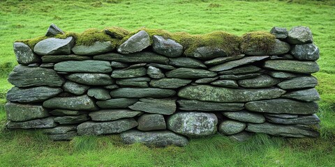 Aufkleber - A mossy stone wall built with flat stones, nestled in a field of lush green grass