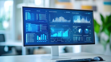 Computer monitor displaying an abstract network monitoring dashboard with real-time data analytics, graphs 