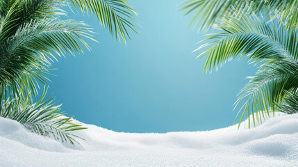 Palm tree leaves hanging over snow against blue sky background