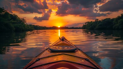 Kayaking at sunset on a calm lake 