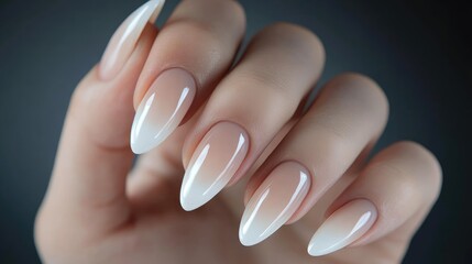 Mannequin hand with gel nails in classic French manicure style, no branding, highlighting the timeless design, no people.