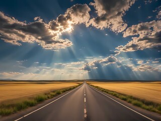 Mountains in the distance, asphalt beneath, and an orange sky create a peaceful sense of adventure